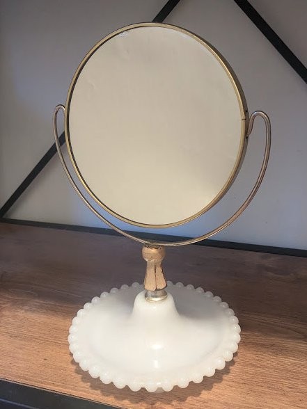 Vintage Gold Toned Makeup Mirror with Milk Glass Base Vintage Gold Toned Makeup Mirror with Milk Glass Base