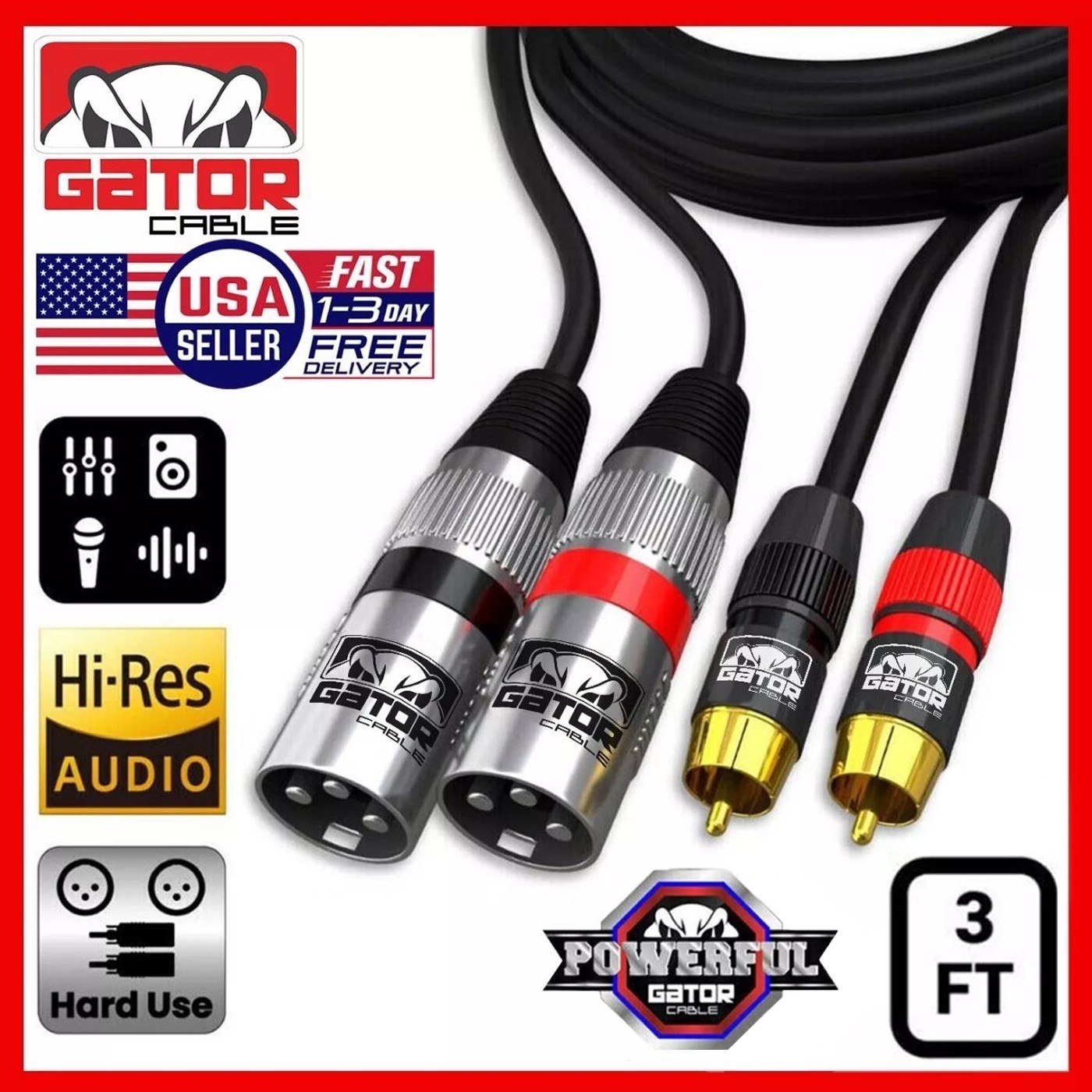 Dual 2-XLR Male to Dual 2-RCA Male Cable Patch Splitter Shielded Audio Stereo