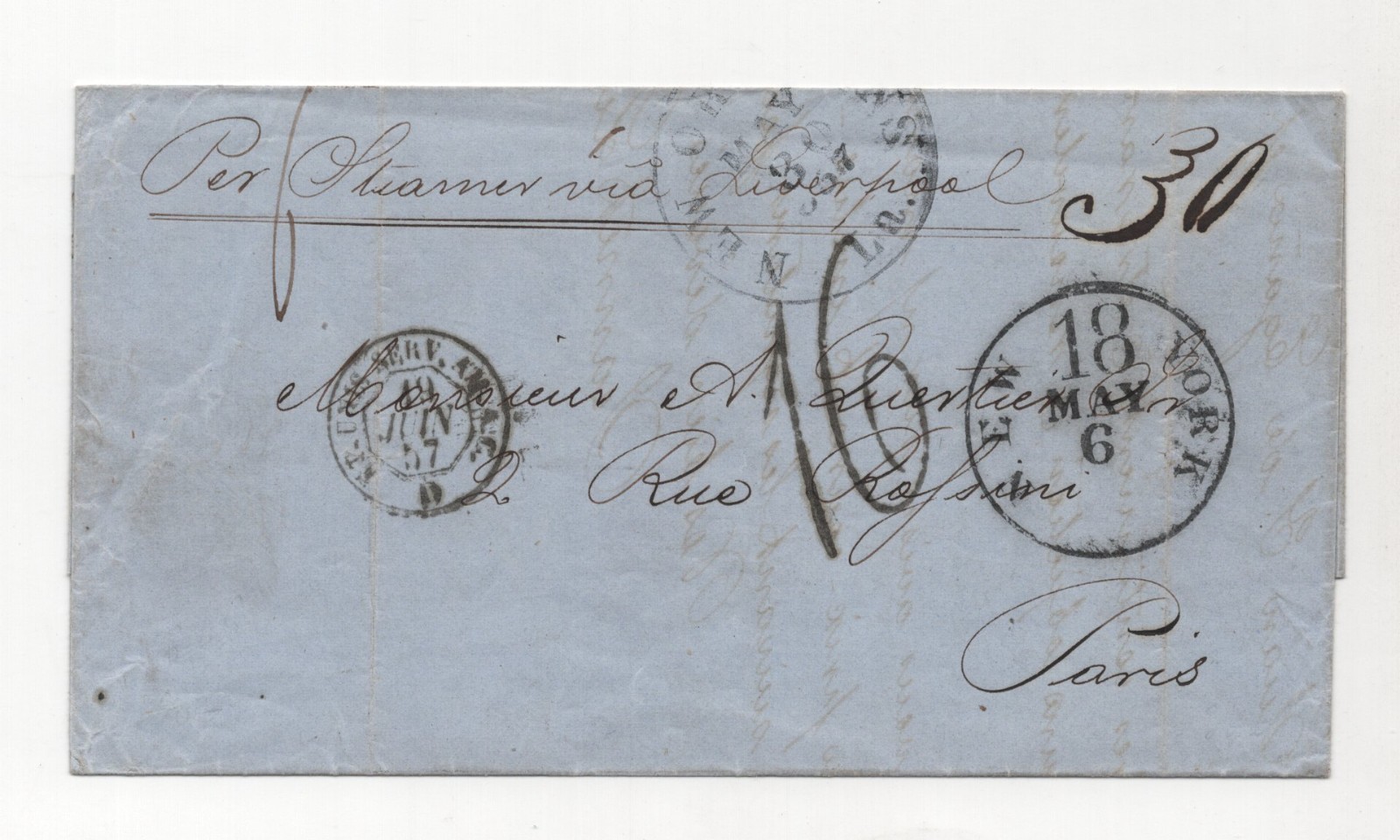Us To France 1857 New Orleans To Paris Via Calais Us Mail Ss Co. On Steamship