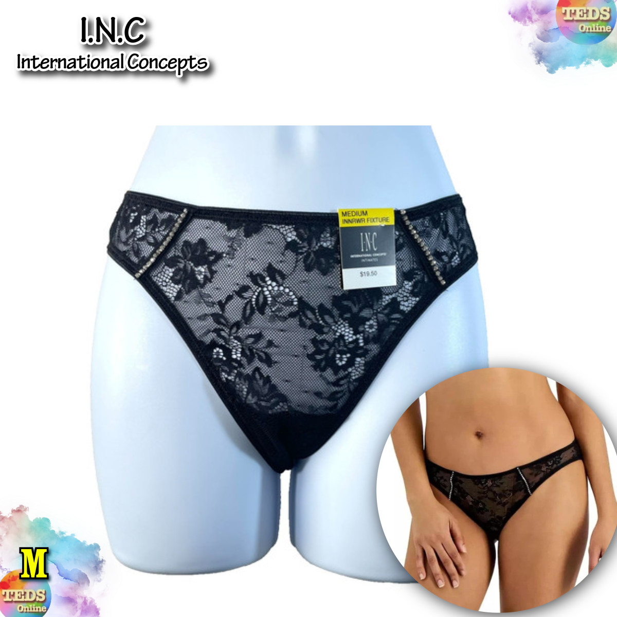 NWT INC International Concepts M Embellished Lace Bikini Panty 100182133, Black NWT INC International Concepts M Embellished Lace Bikini Panty 100182133, Black