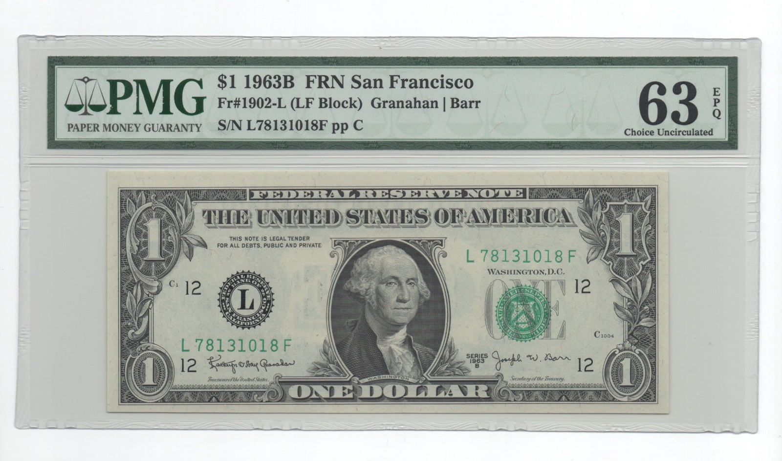 $1 1963B - FRN - fr. 1902-L - LF Block - PMG 63 EPQ