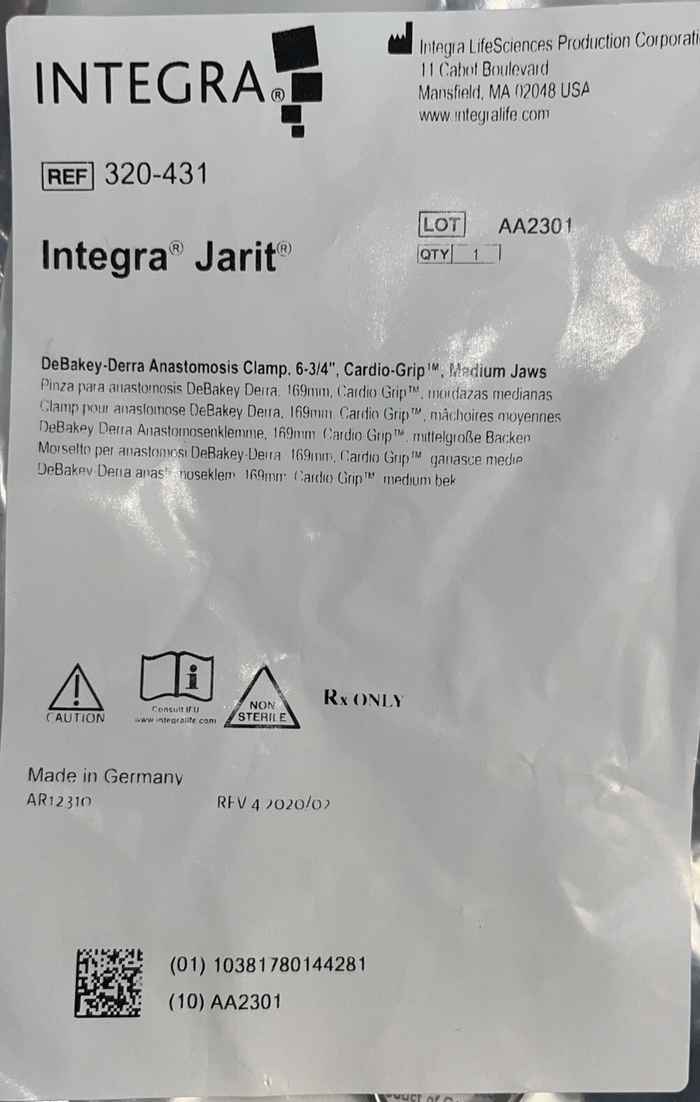 Integra Jarit 320-431 Cardio Grip Forceps Brand New Sealed Package W1