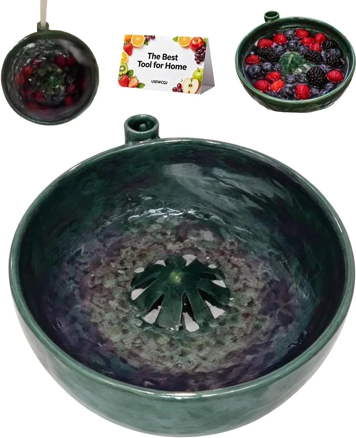 Share Self Spinning Ceramic Fruit Washing Bowl with Drain Basket