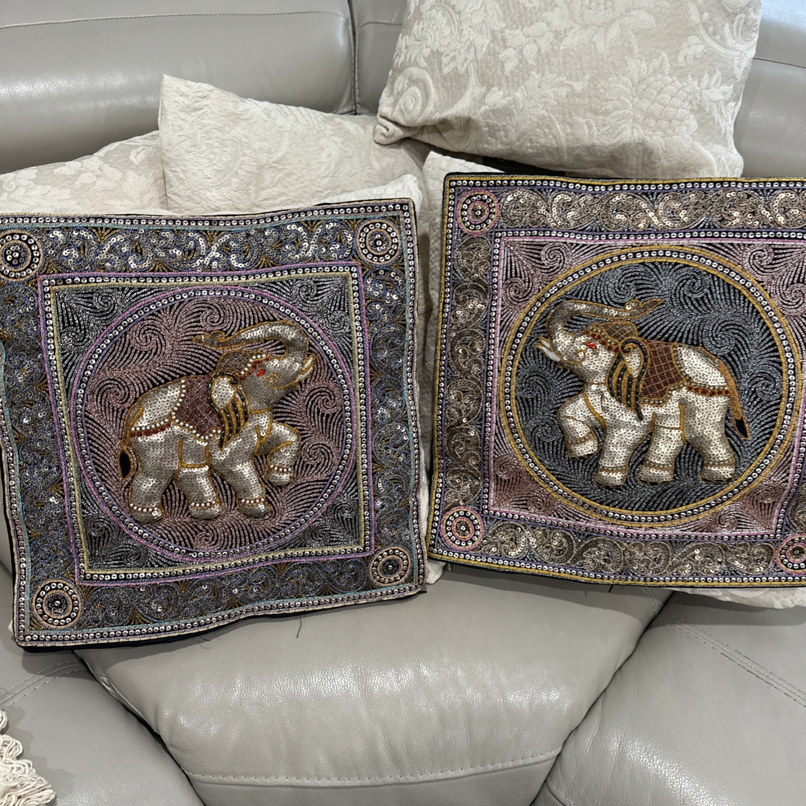 Vtg Beaded Elephant Pillow Covers Set Sequin Embroidered Velvet Boho Thai Burmes