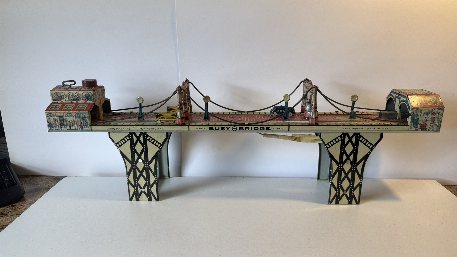 LOUIS MARX TOYS - BUSY BRIDGE - Vintage Toy Tin Wind Up Bridge with 4 Cars