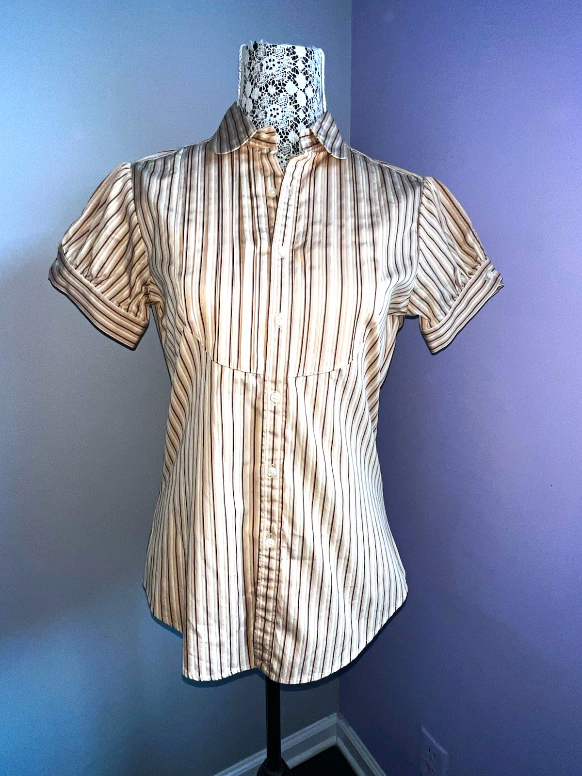 NWT Vintage Ralph Lauren Sport Striped Button-Up Short Sleeve Blouse Khaki 8 NWT Vintage Ralph Lauren Sport Striped Button-Up Short Sleeve Blouse Khaki 8