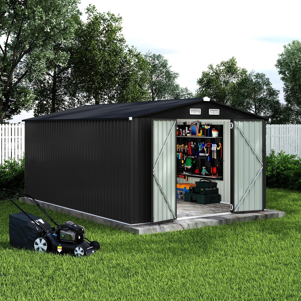 10x14 FT Outdoor Metal Storage Shed w/ Air Vent Lockable Metal Garden Tool Shed