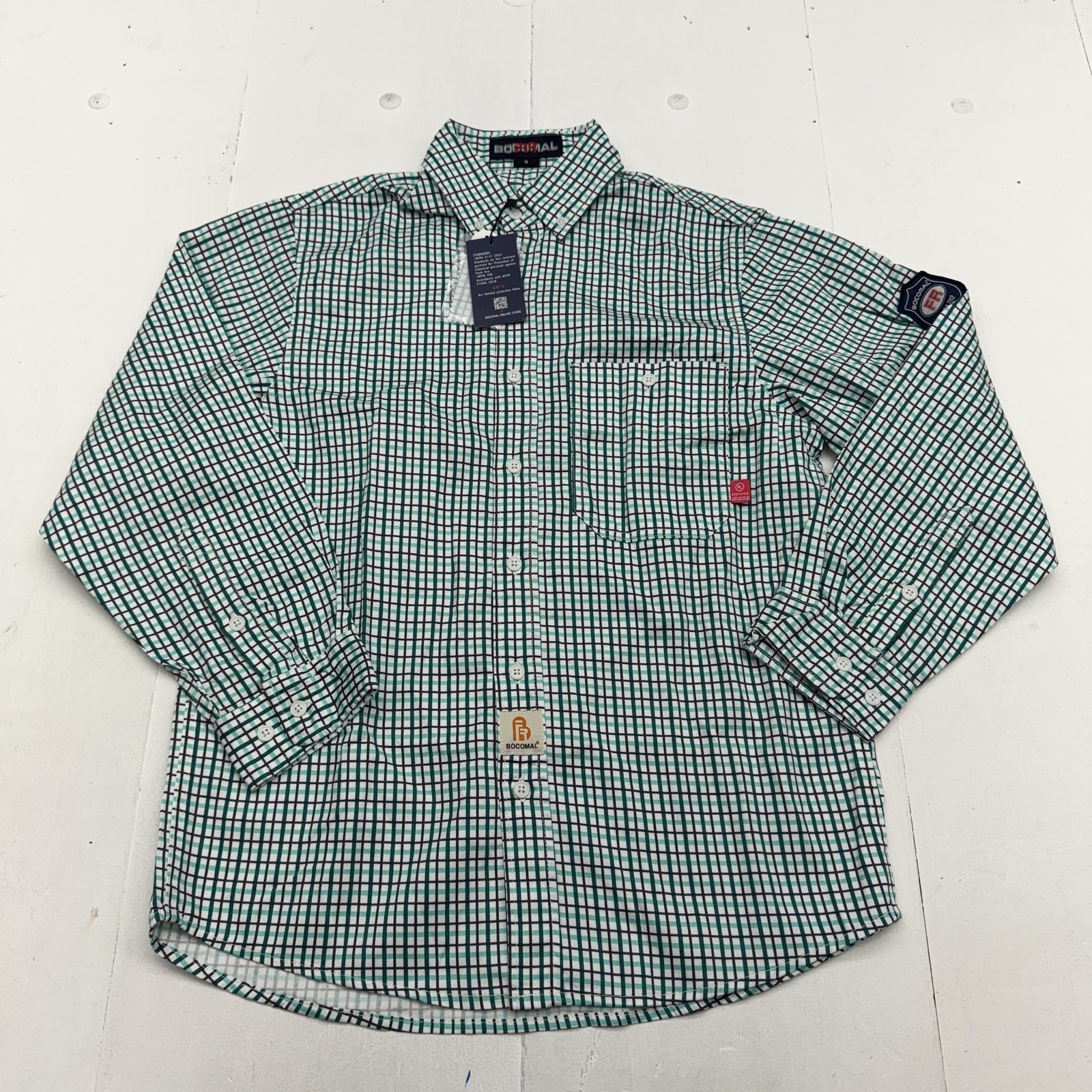 NEW BOCOMAL Shirt Mens Small Green Plaid FR Long Sleeve Button Up Workwear CAT2