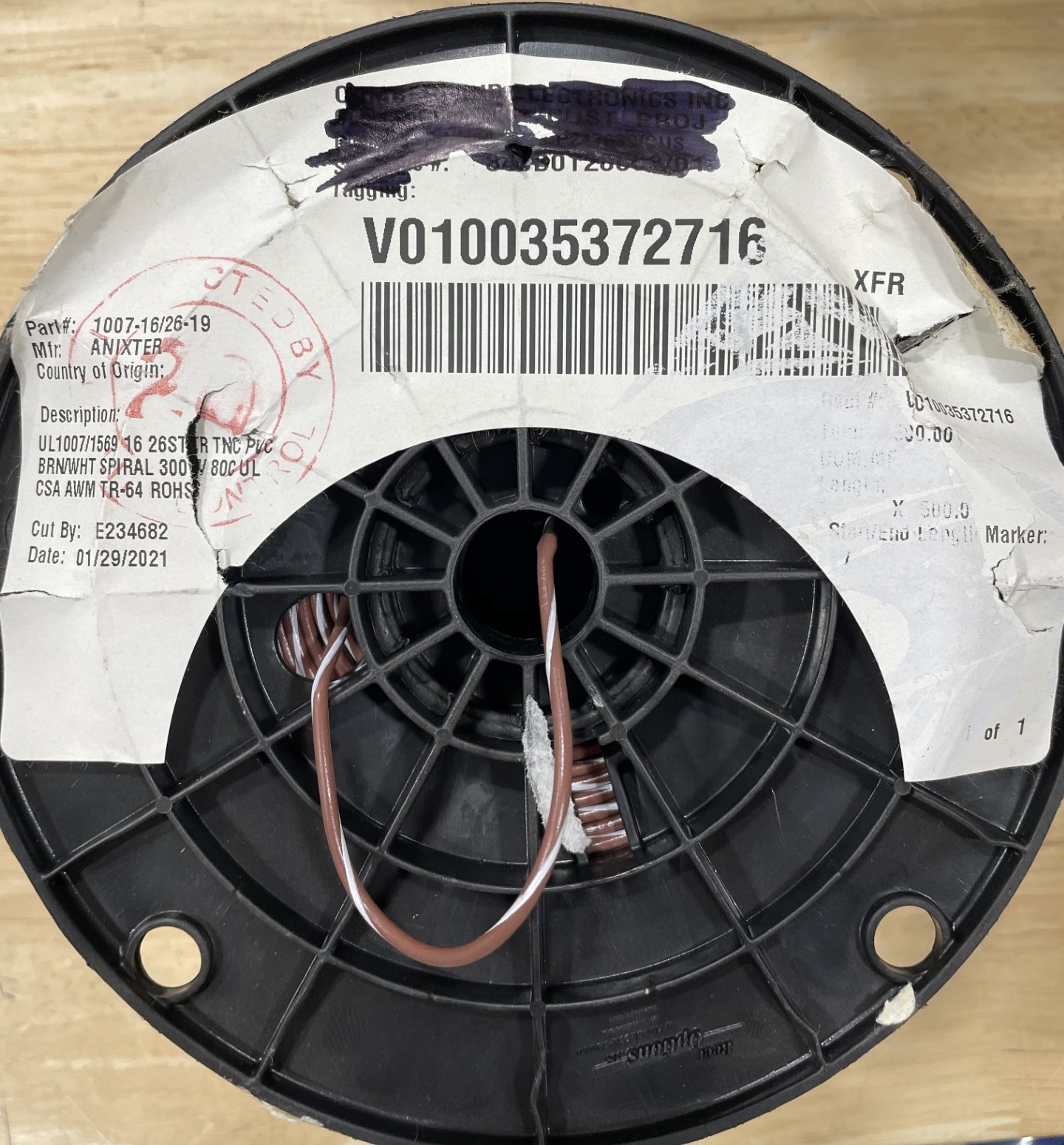 Anixter UL1007-16/26-19 Hookup Wire, 16AWG, 26/30 TC, 105C 300V, 500\', Brown/Wht