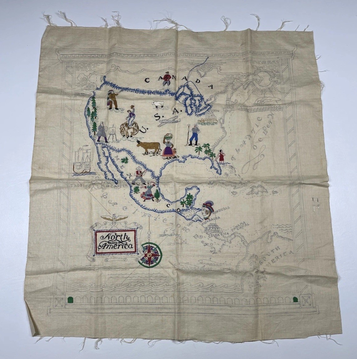 RARE LARGE ANTIQUE 1940\'S PICTORIAL EMBROIDERY NORTH AMERICA MAP CROSS STITCH RARE LARGE ANTIQUE 1940\'S PICTORIAL EMBROIDERY NORTH AMERICA MAP CROSS STITCH