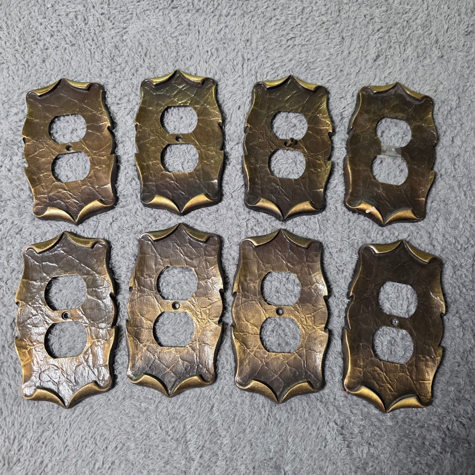 Set of 8 Vintage Outlet Covers Gold Leaf Pattern Scalloped Solid Brass Finish