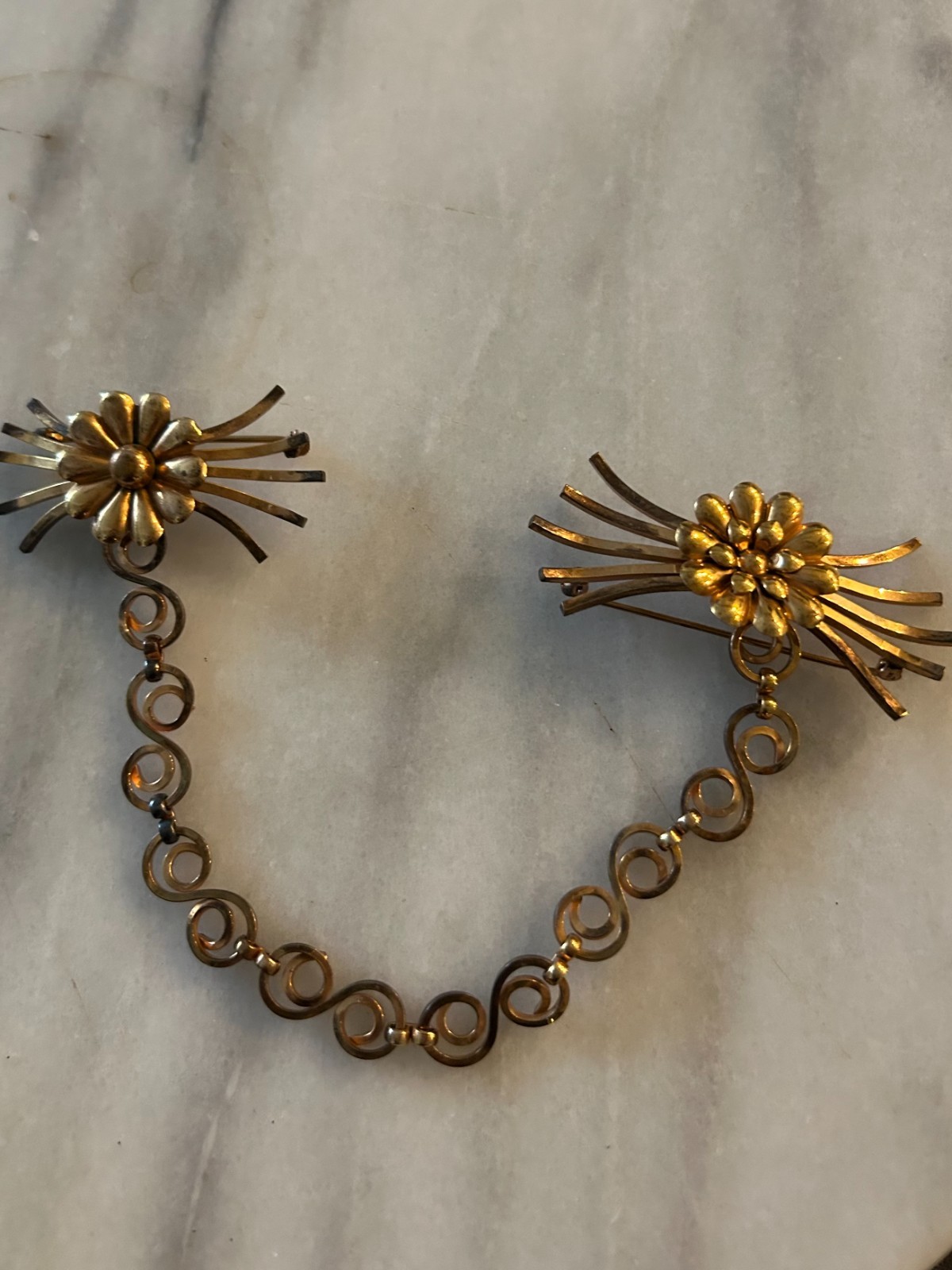 ANTIQUE ART DECO CHATELAINE GOLD FILLED DOUBLE BROOCH PIN CHAIN
