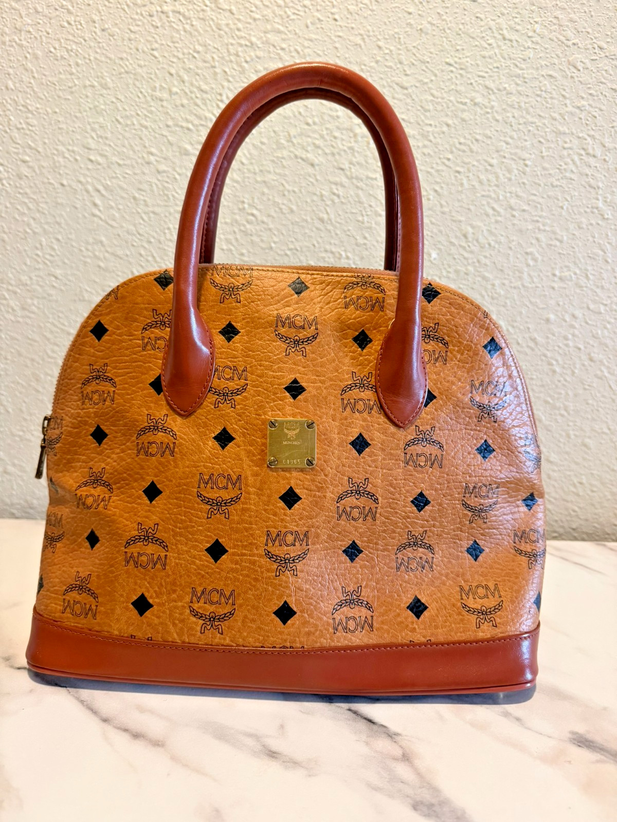 MCM Visetos Alma Bag Medium Tan Leather Authentic Gold Hardware Excellent