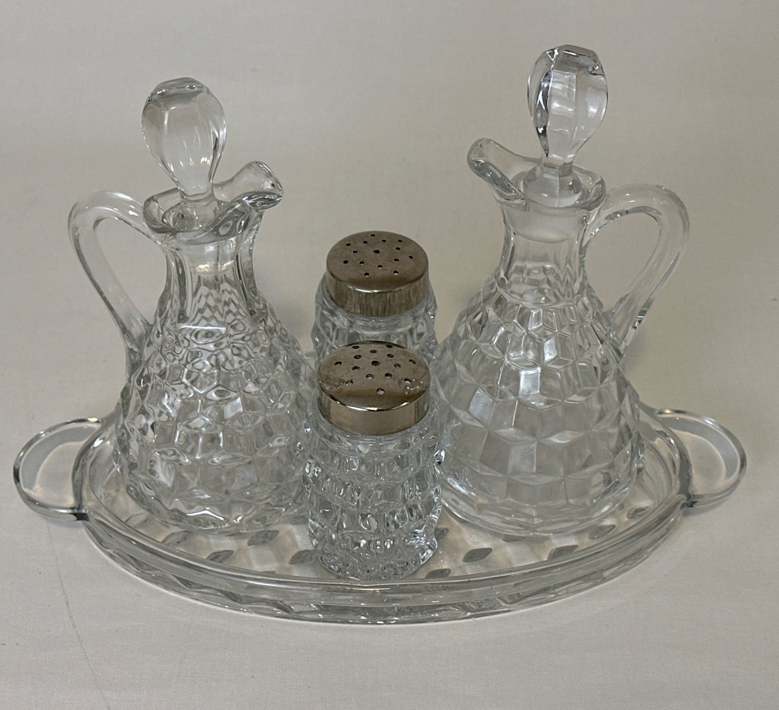 Rare Fostoria American 2056 Condiment Set w/ Tray Rare Fostoria American 2056 Condiment Set w/ Tray