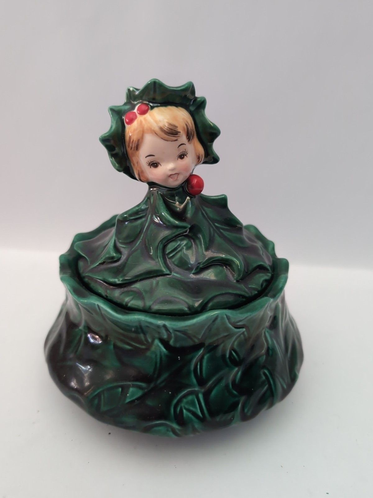 Vintage Japan Top Line Import Holly Girl Candy Dish Lidded Bowl Vintage Japan Top Line Import Holly Girl Candy Dish Lidded Bowl