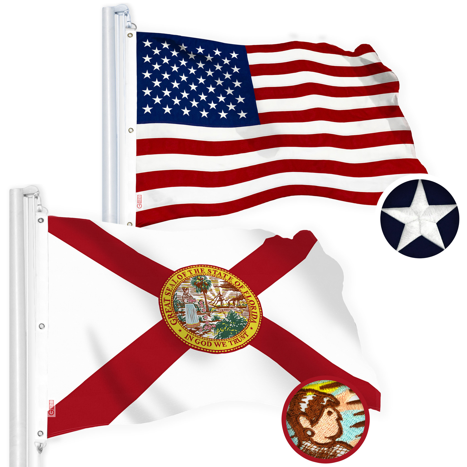 G128 Combo: American Flag & Florida Flag 5x8 Ft Both Embroidered Spun Polyester