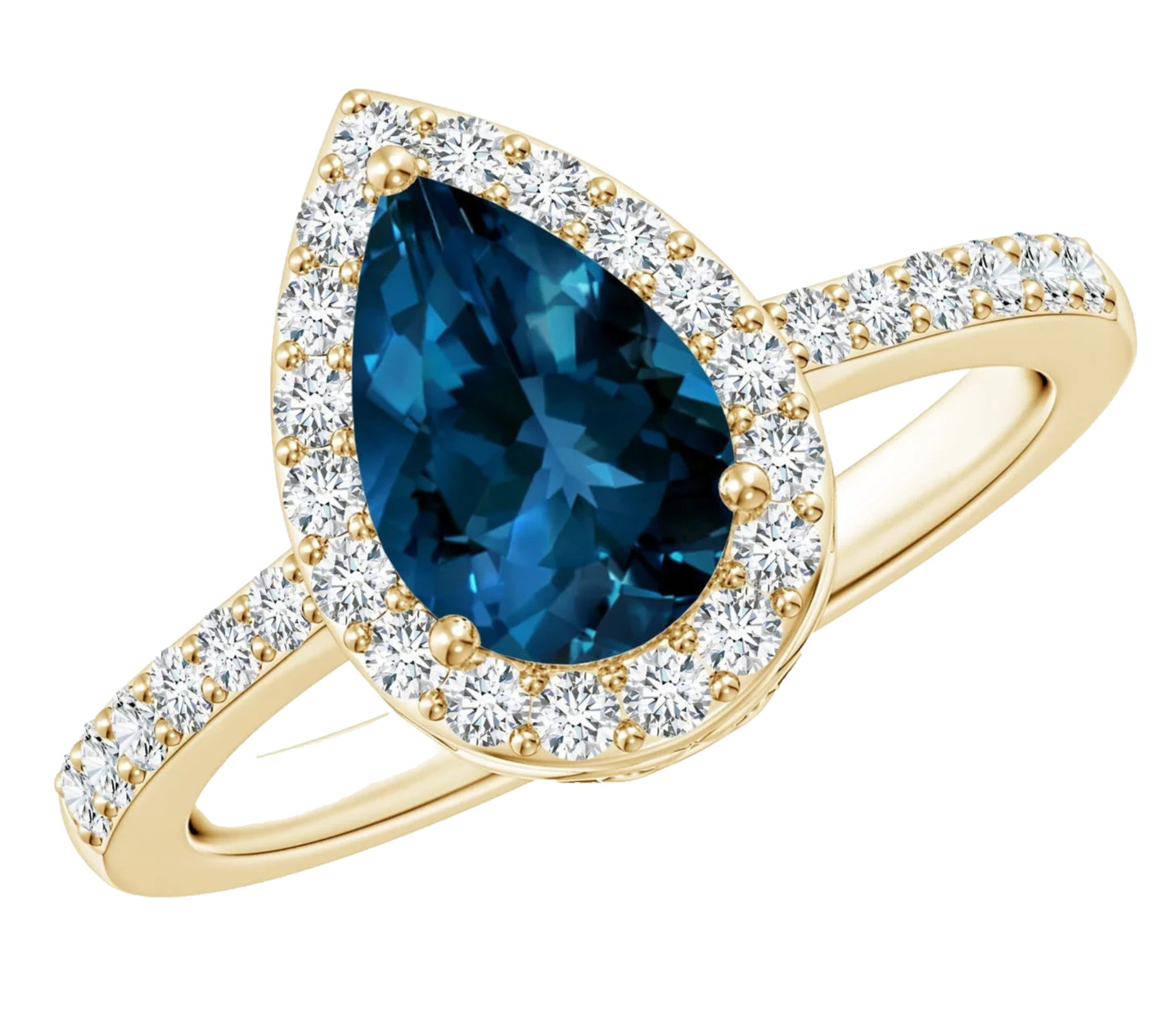 14K Solid Gold London Blue Topaz & Diamonds Halo Women\'s Ring Pear Cut 1.96 Ctw