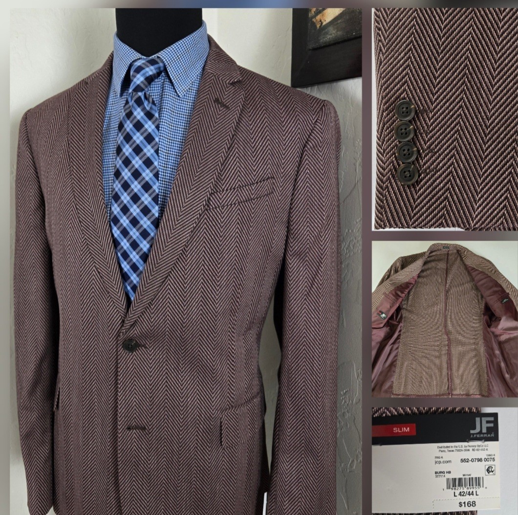 NWT JF J Ferrar 42L Slim Blazer Wide Herringbone Sport Jacket Reddish Brown NEW