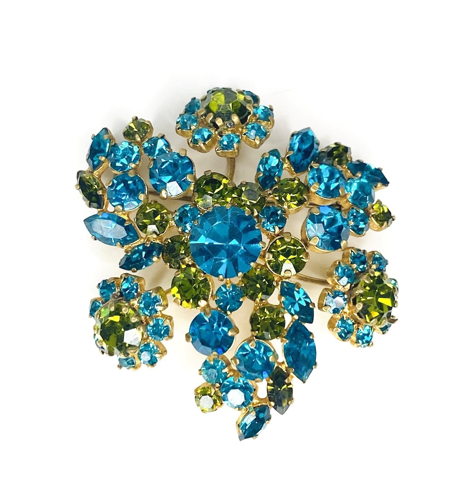 Gorgeous VTG Made In Austria Blue Olive Green Cluster Rhinestone Brooch 2.25” Gorgeous VTG Made In Austria Blue Olive Green Cluster Rhinestone Brooch 2.25”