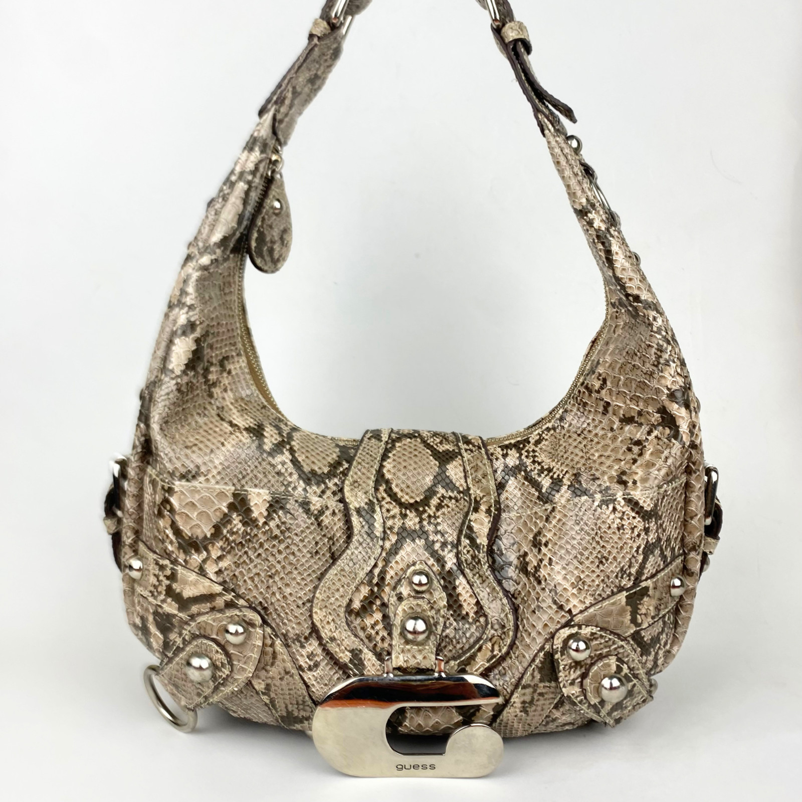Guess Faux Python Snakeskin Hobo Bag Silver Studded G Logo Buckle Y2K