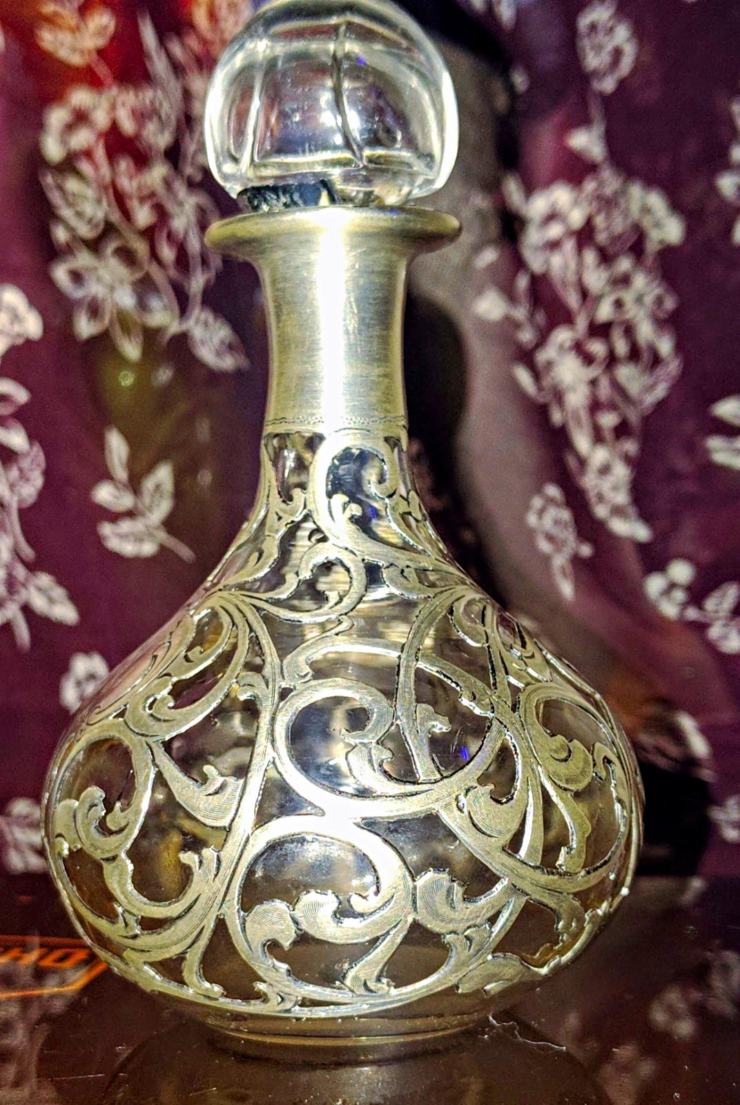 Antique Solid Silver Overlay Glass Perfume Bottle w/ Stopper