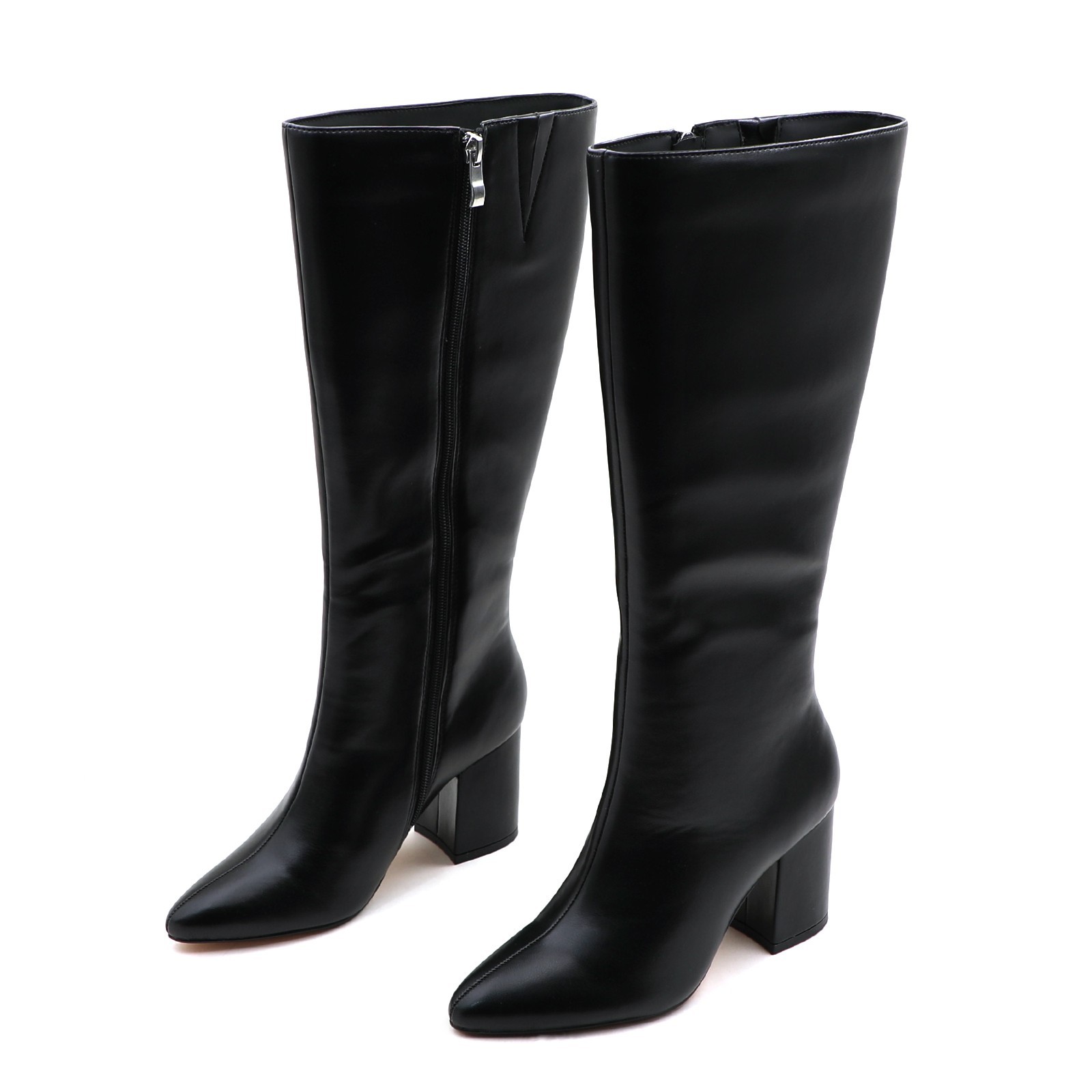 Lurnyet Women's Pointed Toe Knee High Boots 3 Inch Blck Heel, Side Zip Closure