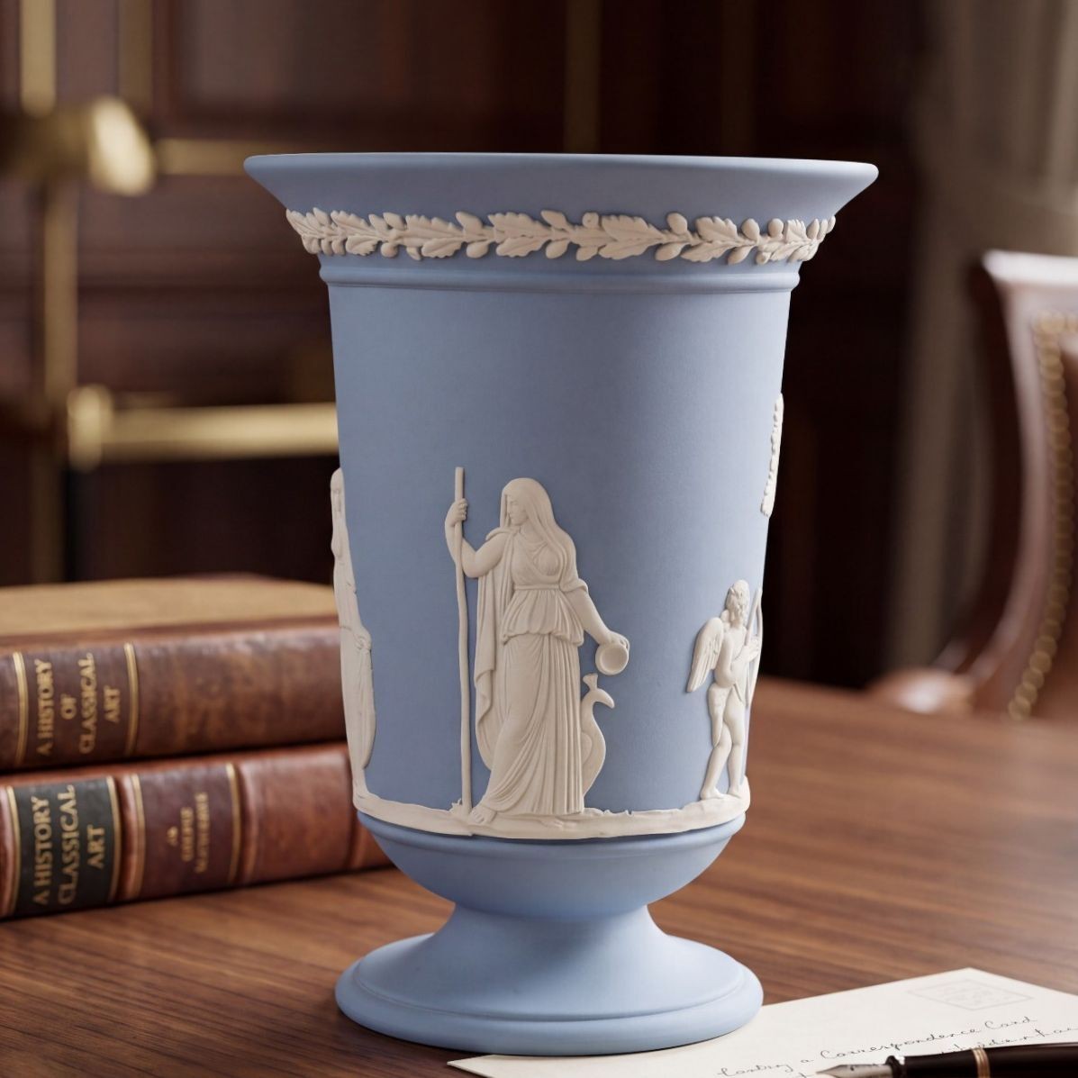 Vtg. Wedgwood Blue Jasperware Classical Relief Pedestal Vase Made in England 5.5 Vtg. Wedgwood Blue Jasperware Classical Relief Pedestal Vase Made in England 5.5