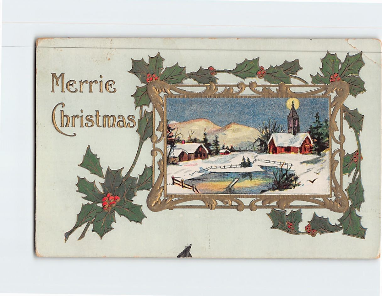 Postcard Winter Scene Merry Christmas Embossed Card