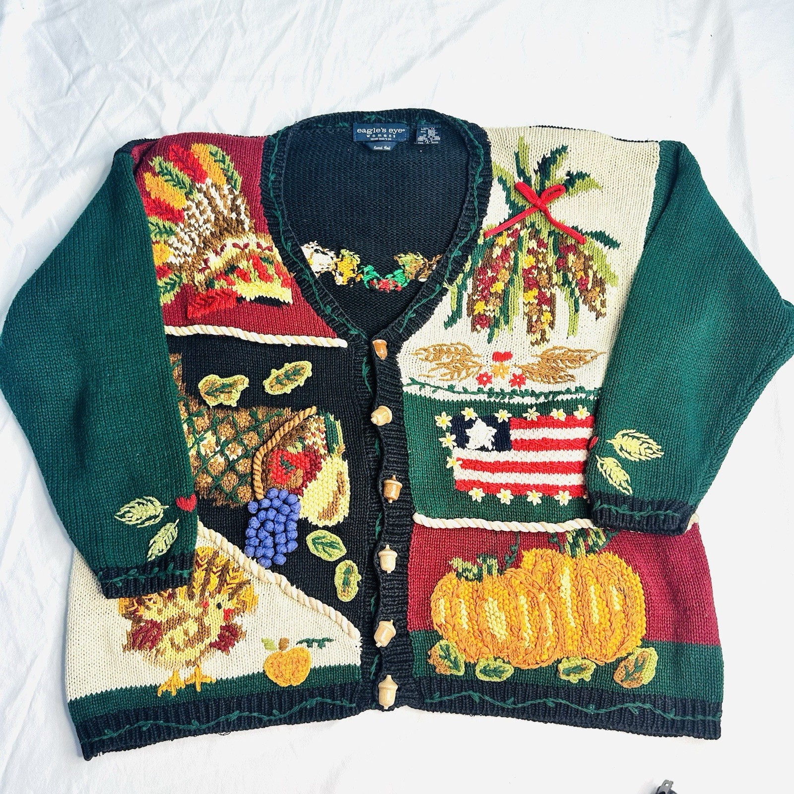 Vtg Eagle’s Eye Autumnal Cardigan Sweater Hand Knit Thanksgiving Harvest Sz 1X