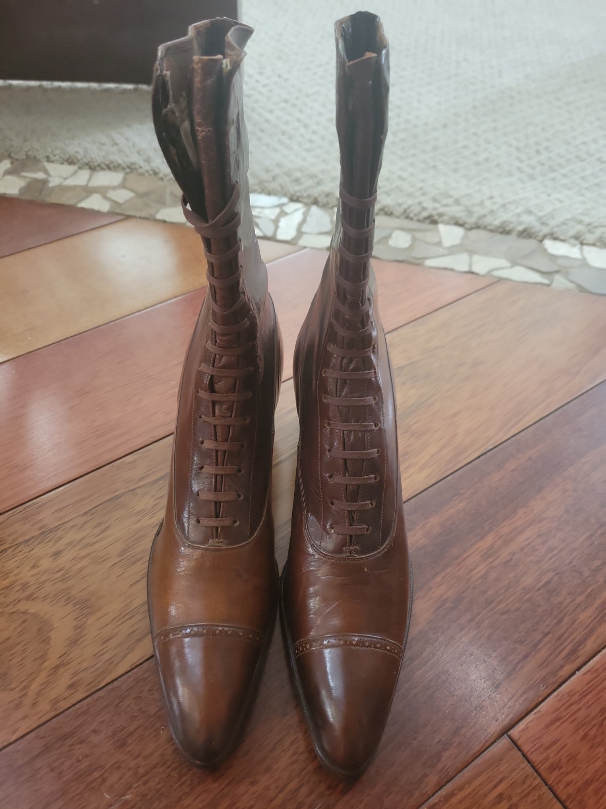 Antique Brown Leather High top Boot Shoes Narrow Witch Heel Circa 1900s