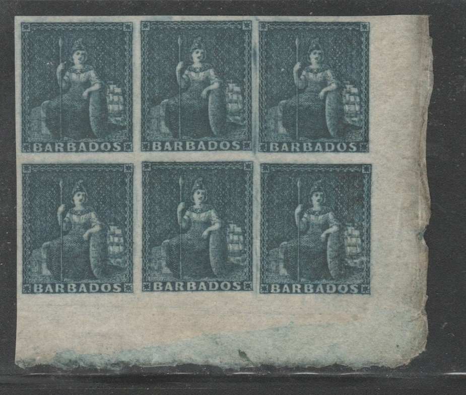 1852-58 Barbados 2d Deep Blue Brittania Mint Block Of 6, Selvedge Corner MLH, VF