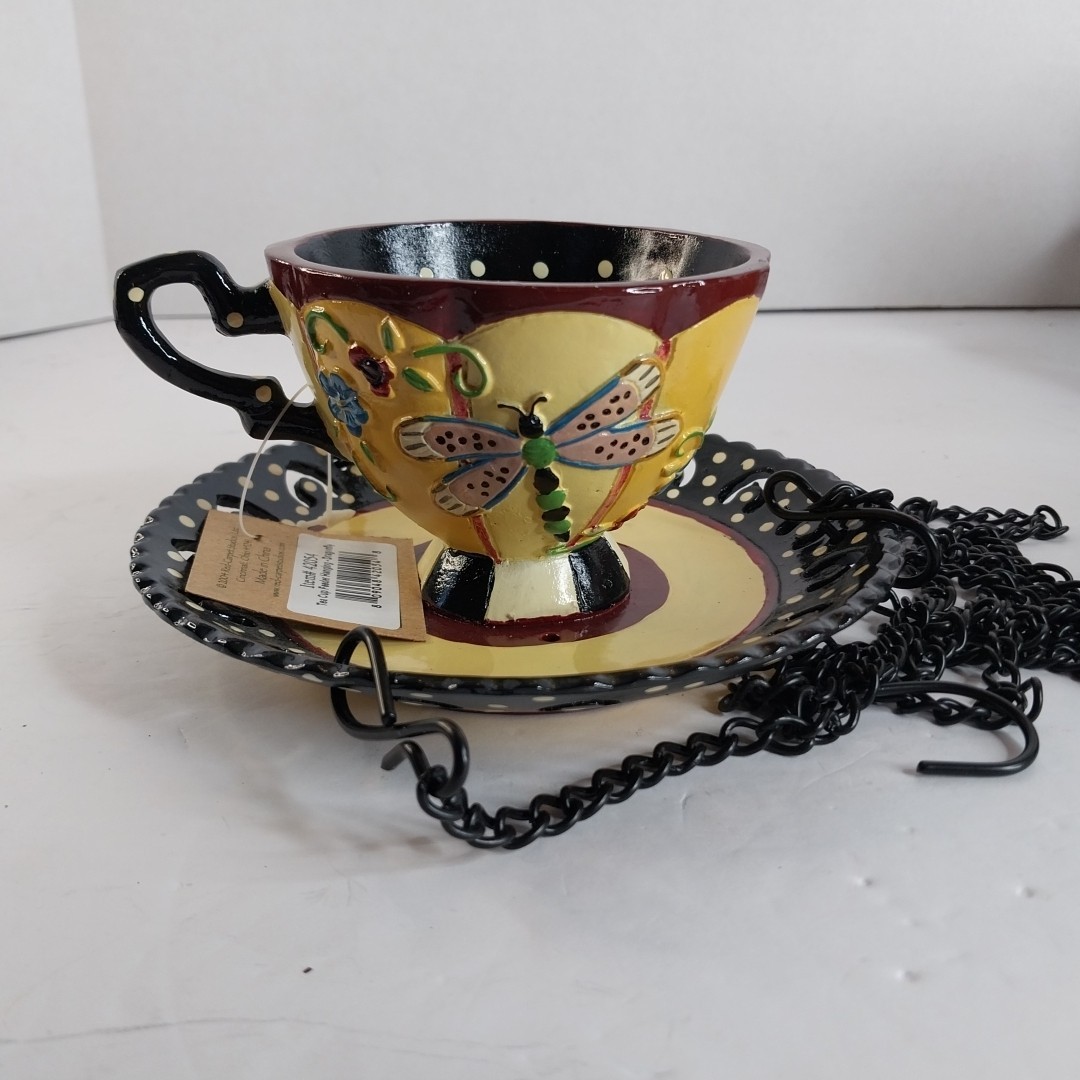 Karen Penner Hanging Teacup Bird Feeder Handpainted Dragonfly Yellow Black NEW