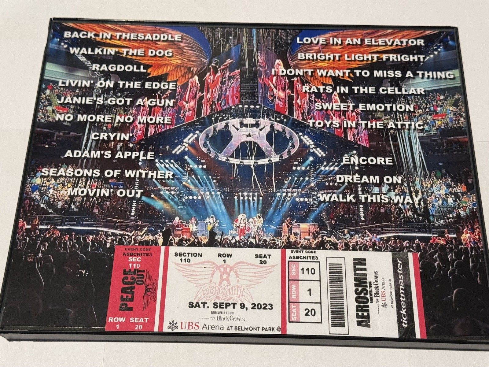 Framed Commemorative ticket stub Aerosmith’s last concert  stage Photo, Set List