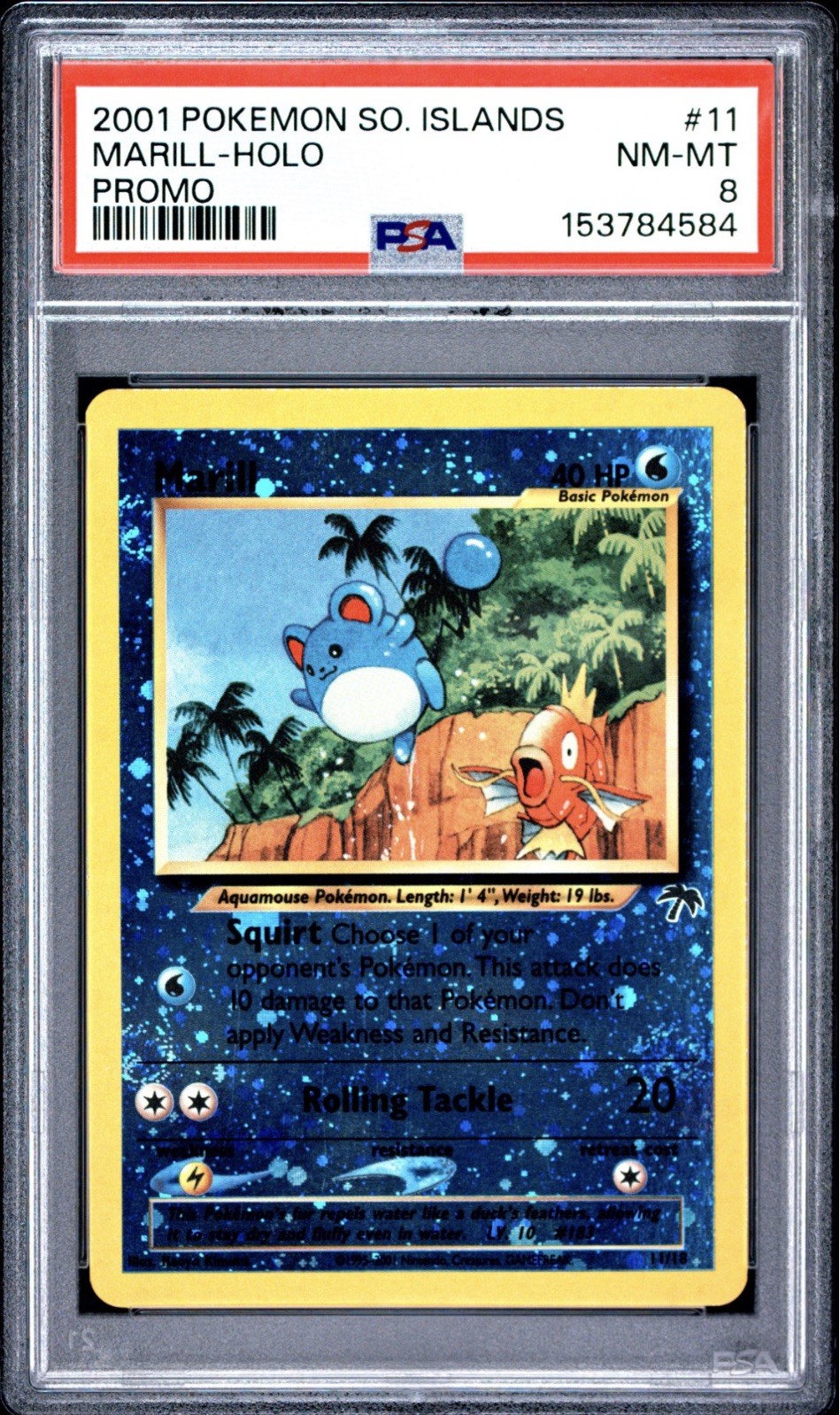 2001 POKEMON SOUTHERN ISLANDS PROMO #11 MARILL-HOLO PSA 8, 4 SWIRLS, NEW CERT. 2001 POKEMON SOUTHERN ISLANDS PROMO #11 MARILL-HOLO PSA 8, 4 SWIRLS, NEW CERT.