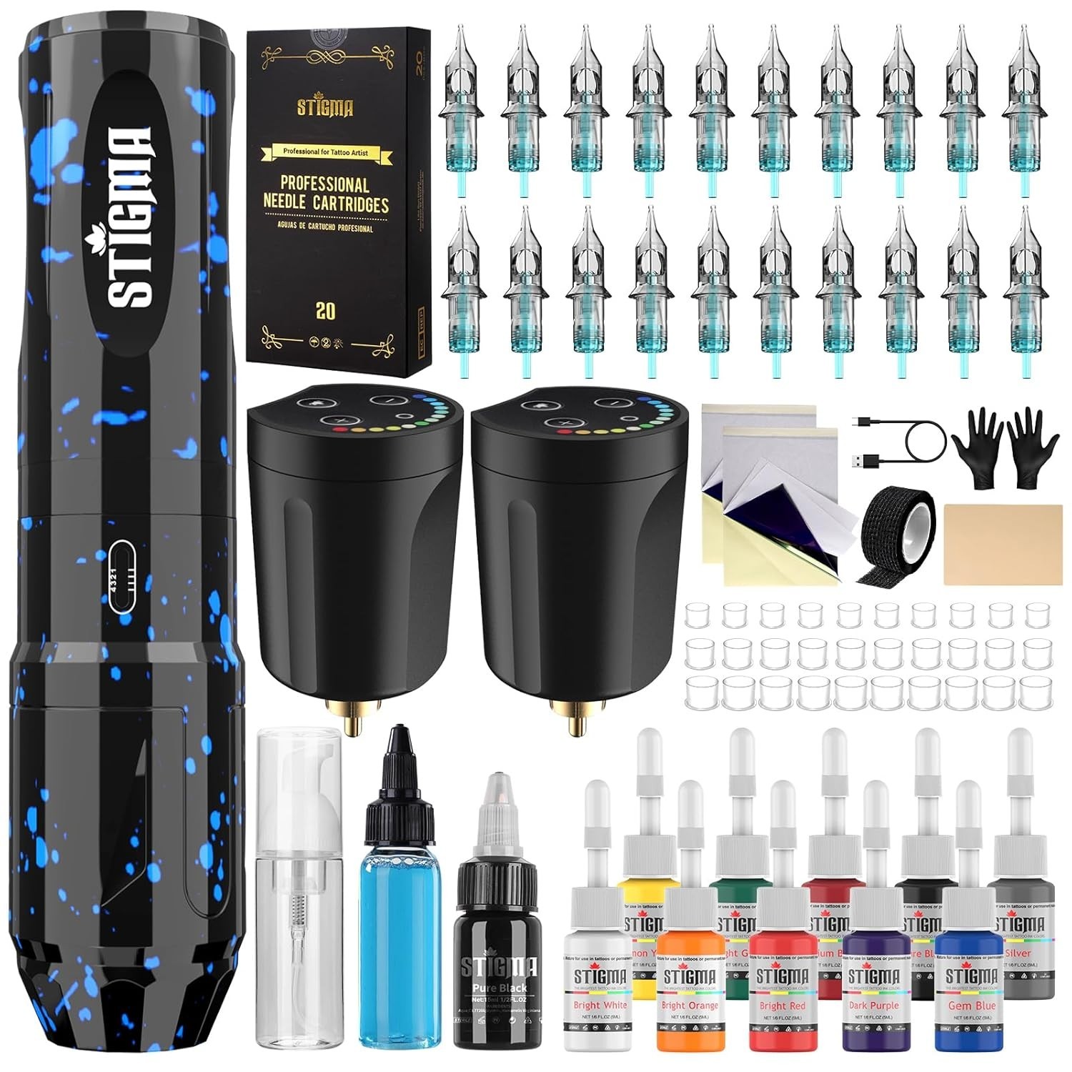 Wireless Tattoo Gun Kit Rotary Pen Set w/ 2 Batteries 20 Needles Ink Kit Wireless Tattoo Gun Kit Rotary Pen Set w/ 2 Batteries 20 Needles Ink Kit