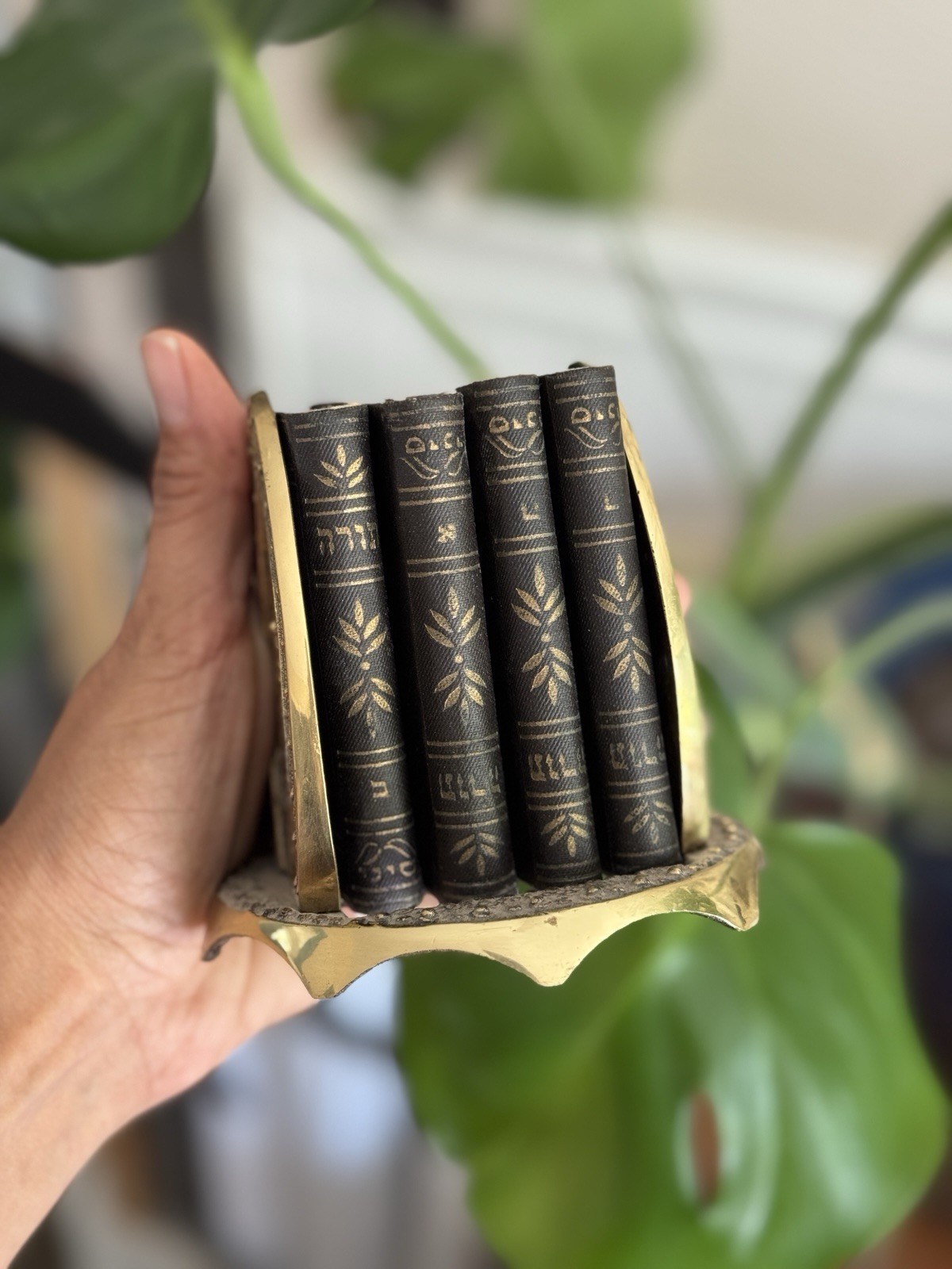 Miniature Vintage Torah Religious First Testament Book Set with Brass Holder 