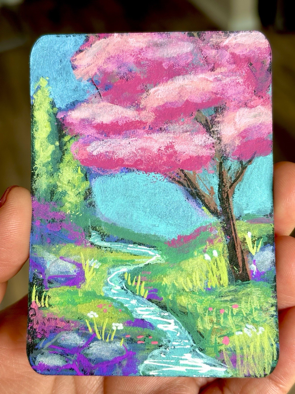 ACEO Original Cosmic Nature 51 Acrylic Painting Art OOAK⁠ By The Stream Tree