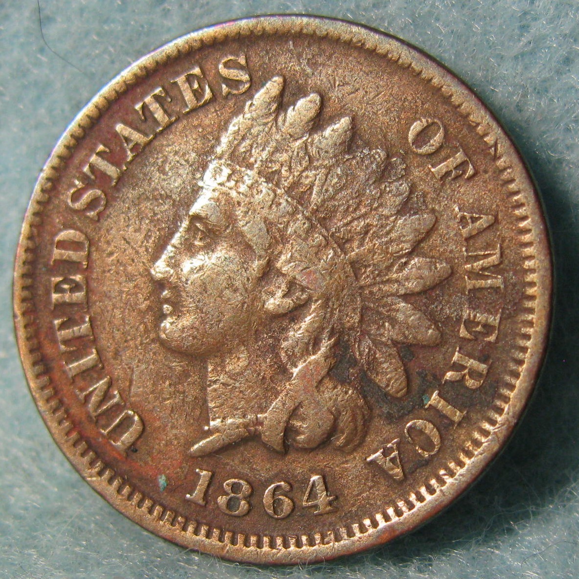 1864 Bronze L On Ribbon Indian Head Penny Small Cent Better Grade Details #227