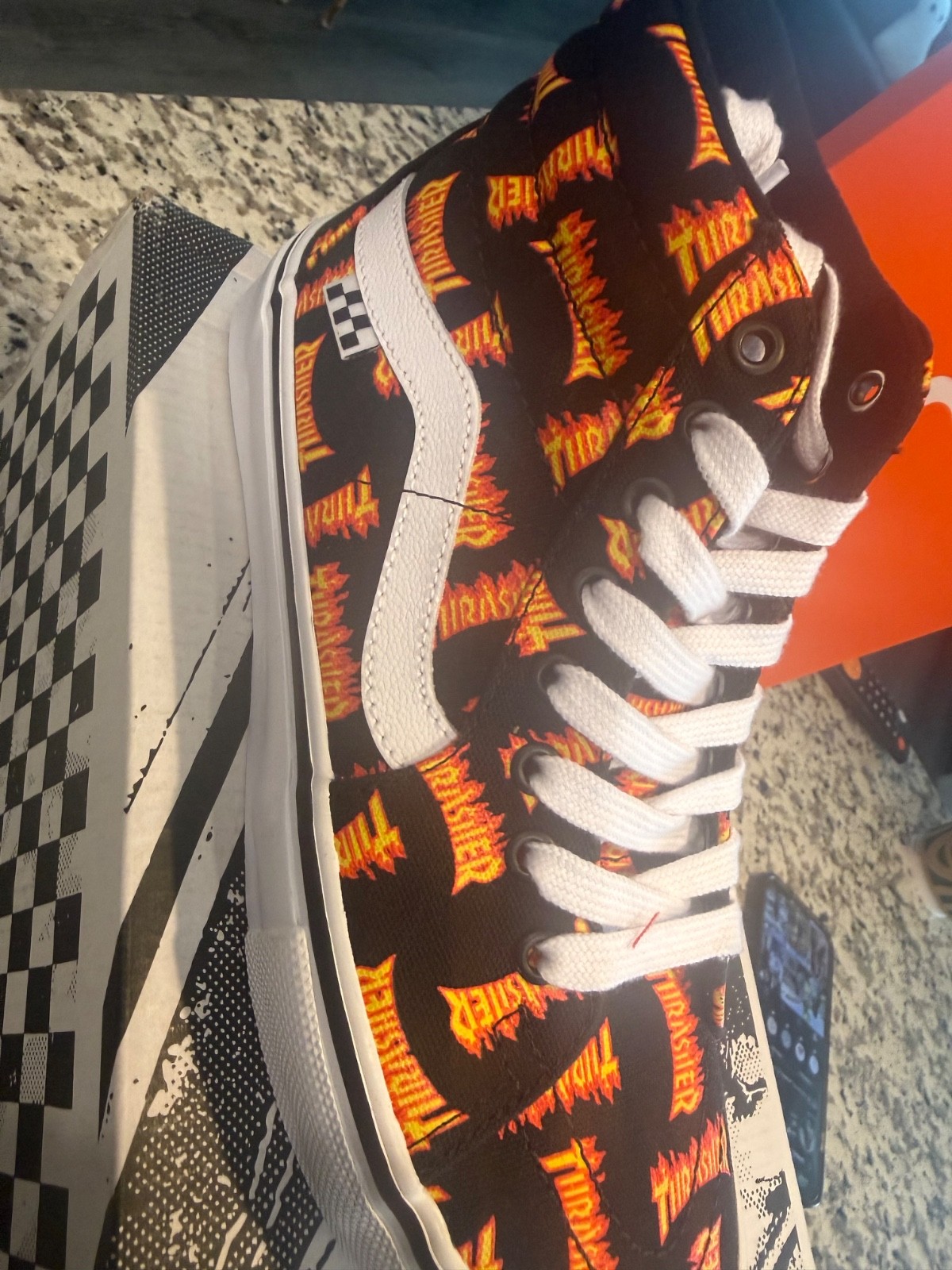 Size 8 - Thrasher x Vans Skate Sk8- High Allover Thrasher Logo