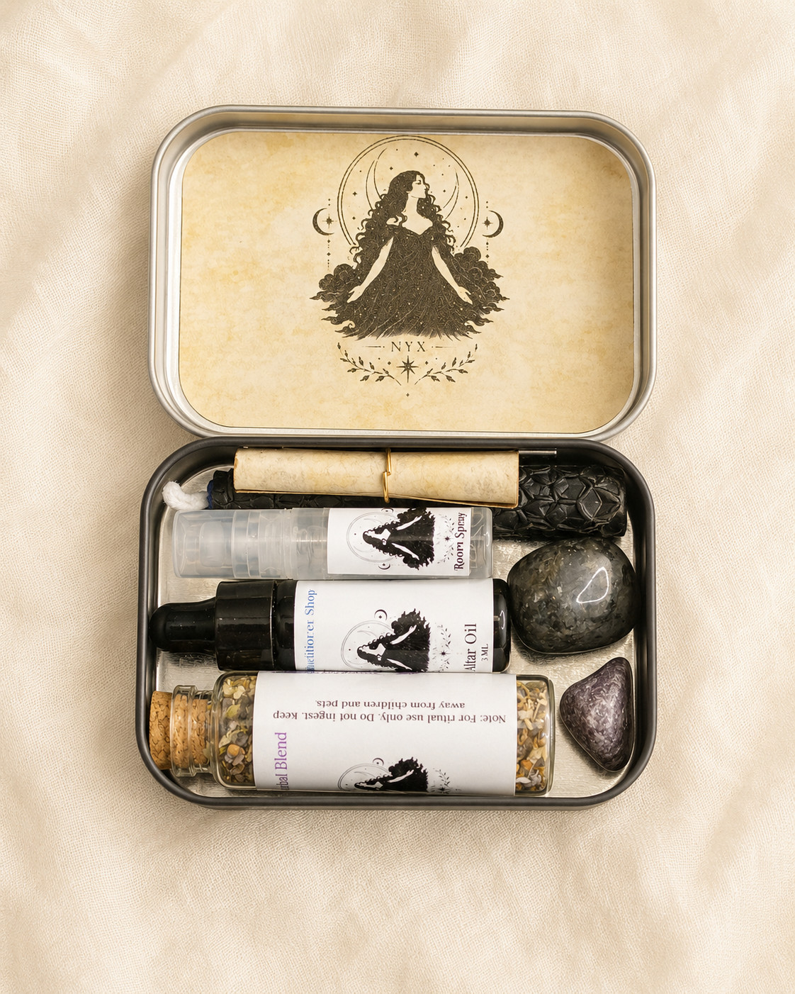 NYX Goddess Mini Travel Altar Kit Handmade Ritual Oil Spray Crystal Herb Set NYX Goddess Mini Travel Altar Kit Handmade Ritual Oil Spray Crystal Herb Set