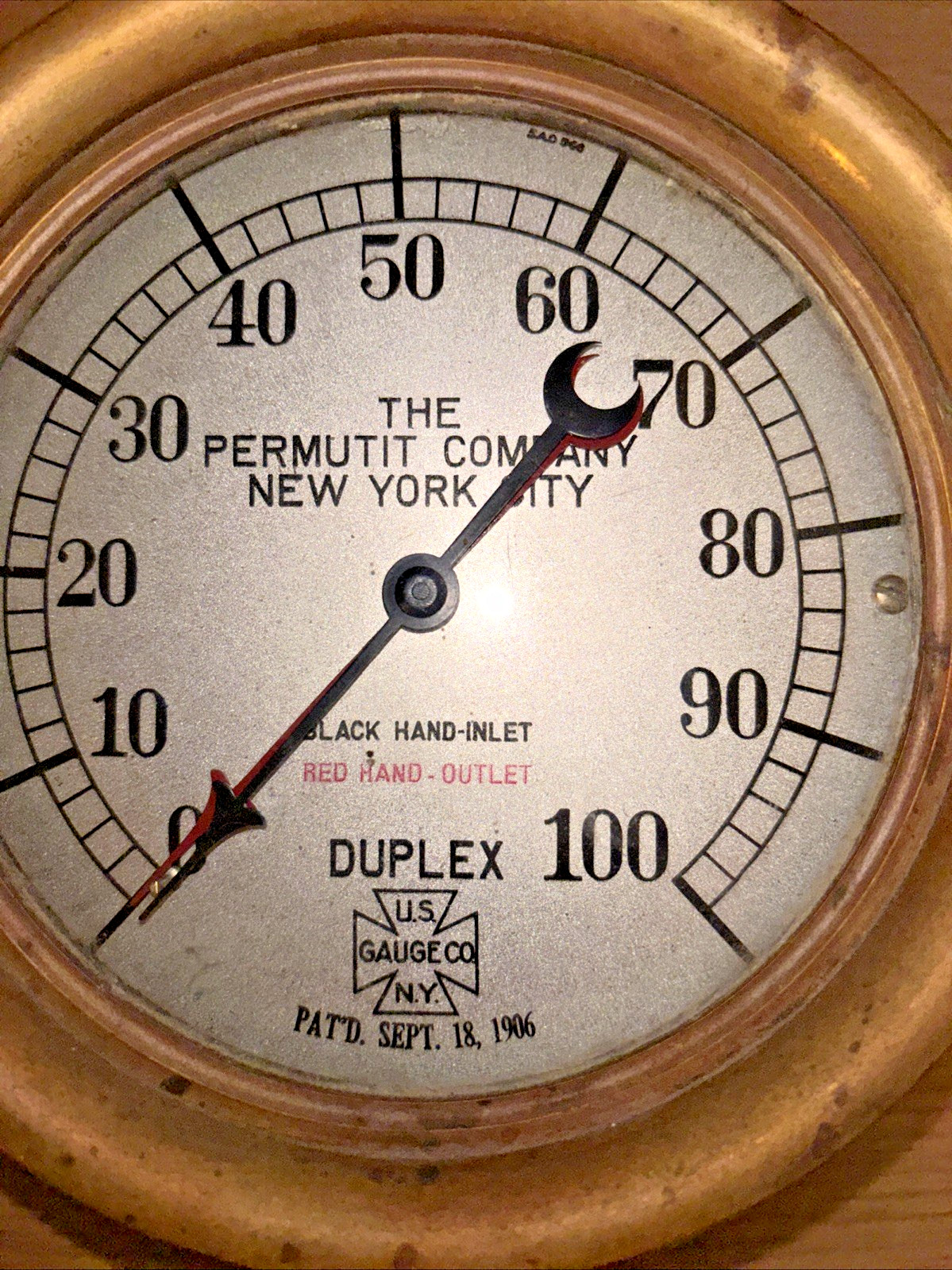 Antique Brass Duplex Pressure Gauge Pat. Sept. 18, 1906 *The Permutit Company* Antique Brass Duplex Pressure Gauge Pat. Sept. 18, 1906 *The Permutit Company*