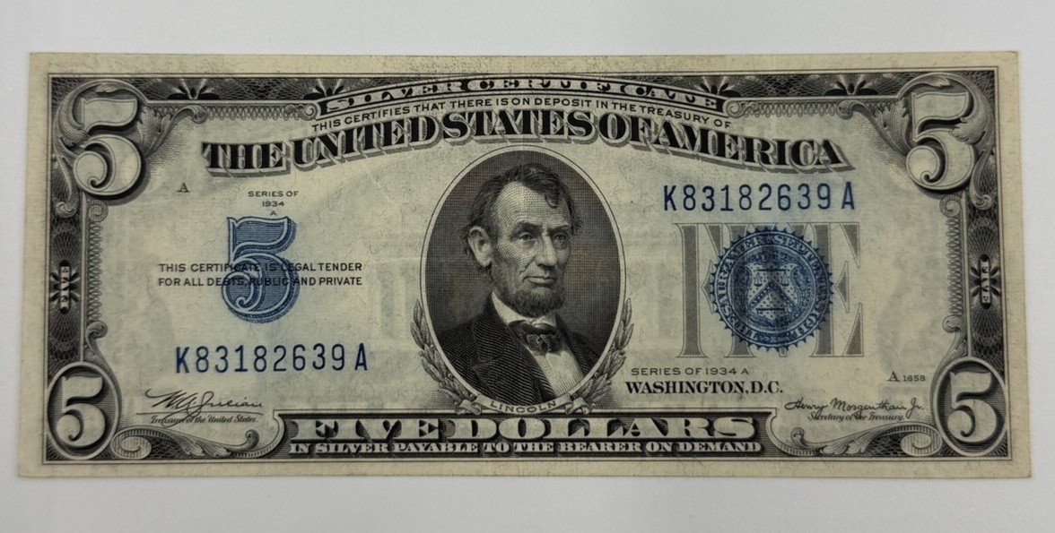 1934 A $5 Silver Certificate Blue Seal Five Dollar Bill K83182639A VF