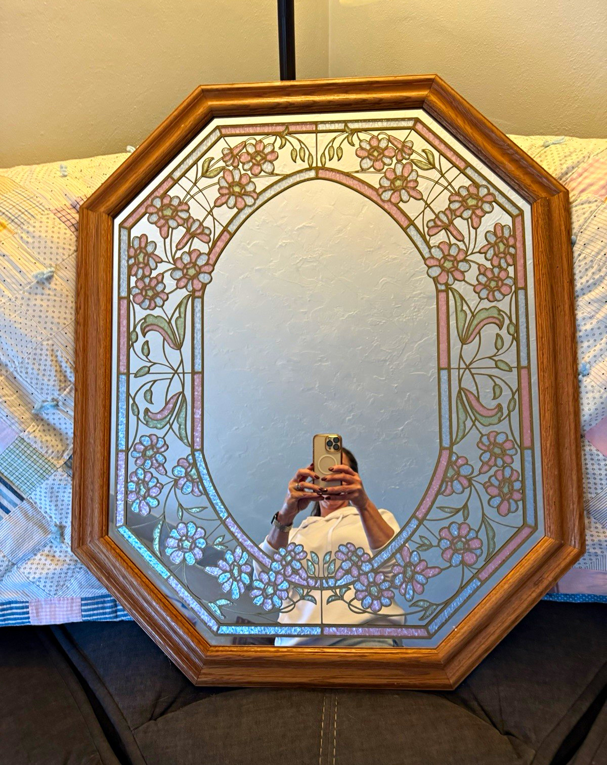 Vtg Octagon Wood Framed Floral Stained Glass Style Accent Wall Mirror 34 x 29 in