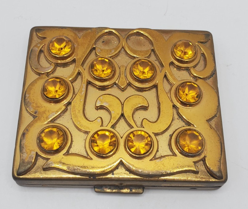 Vintage Square Gold Tone Cosmetic Compact with Mirror and Jeweled Rhinestones