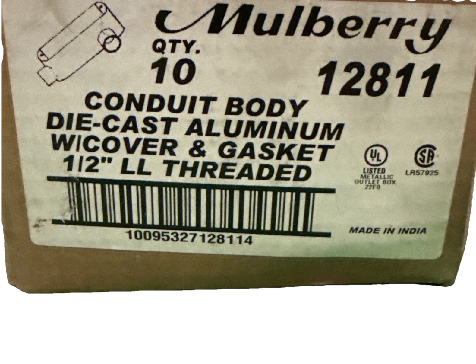 Ten (10) Mulberry 12811 1/2” LL Threaded Aluminum Conduit Bodies With Covers New