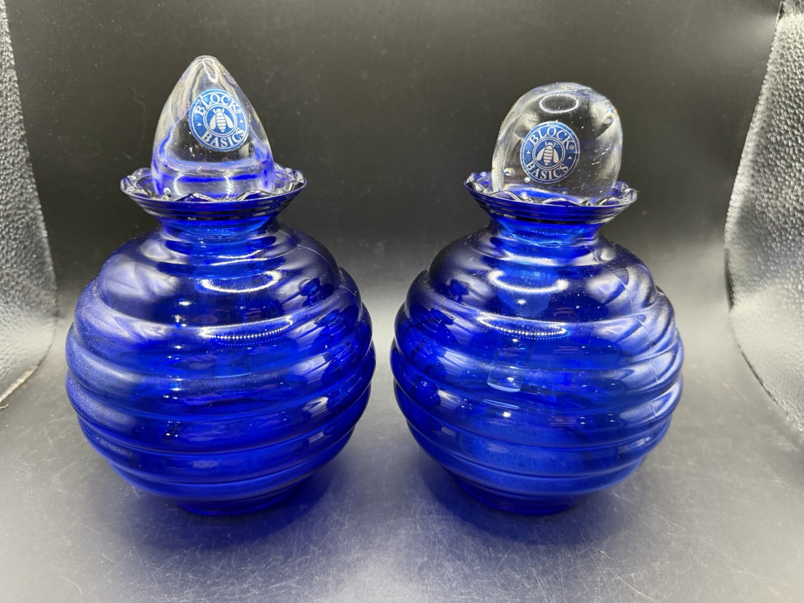 Pair Vintage Block Basics Cobalt Blue Glass Beehive Perfume Decanters USA 