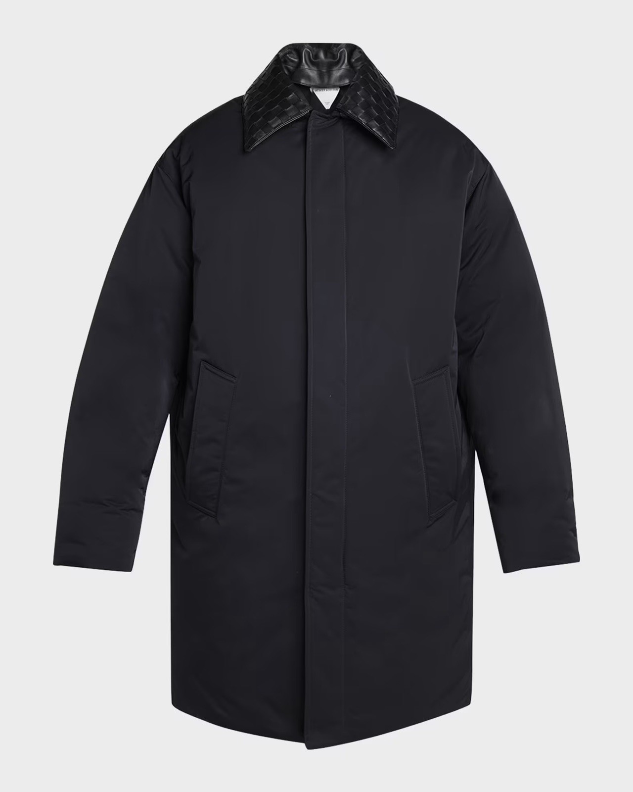 Bottega Veneta Men\'s Tech Puffer Jacket with Intrecciato Leather Collar Woven S