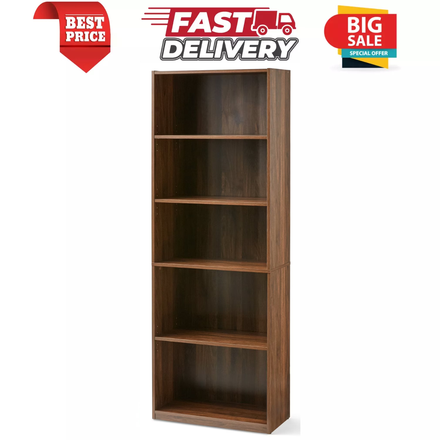 5-Shelf Mainstays Wood Bookcase with Adjustable Shelves, 71\