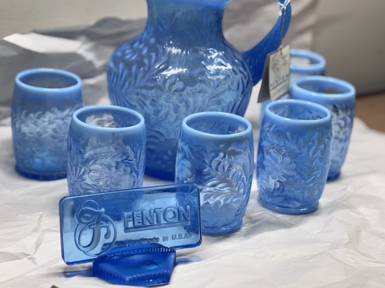 Fenton Opalescent Fern Pattern 7 Pc Sapphire Blue Water Set