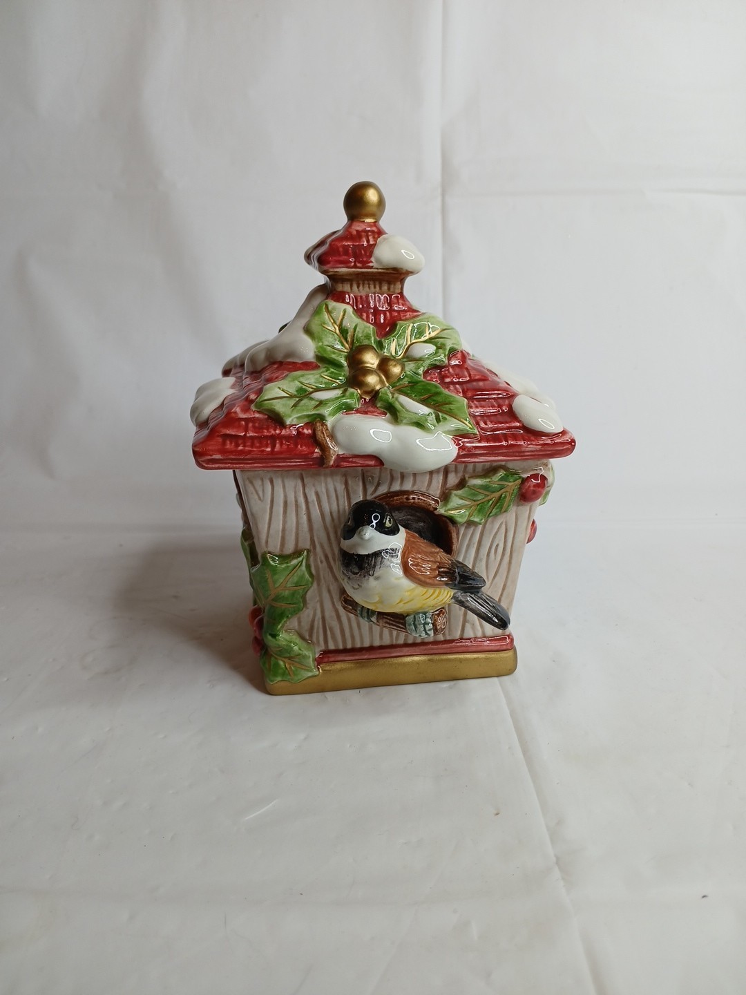 Vintage Fitz And Floyd Ceramic Holiday Treasures Box Chickadee